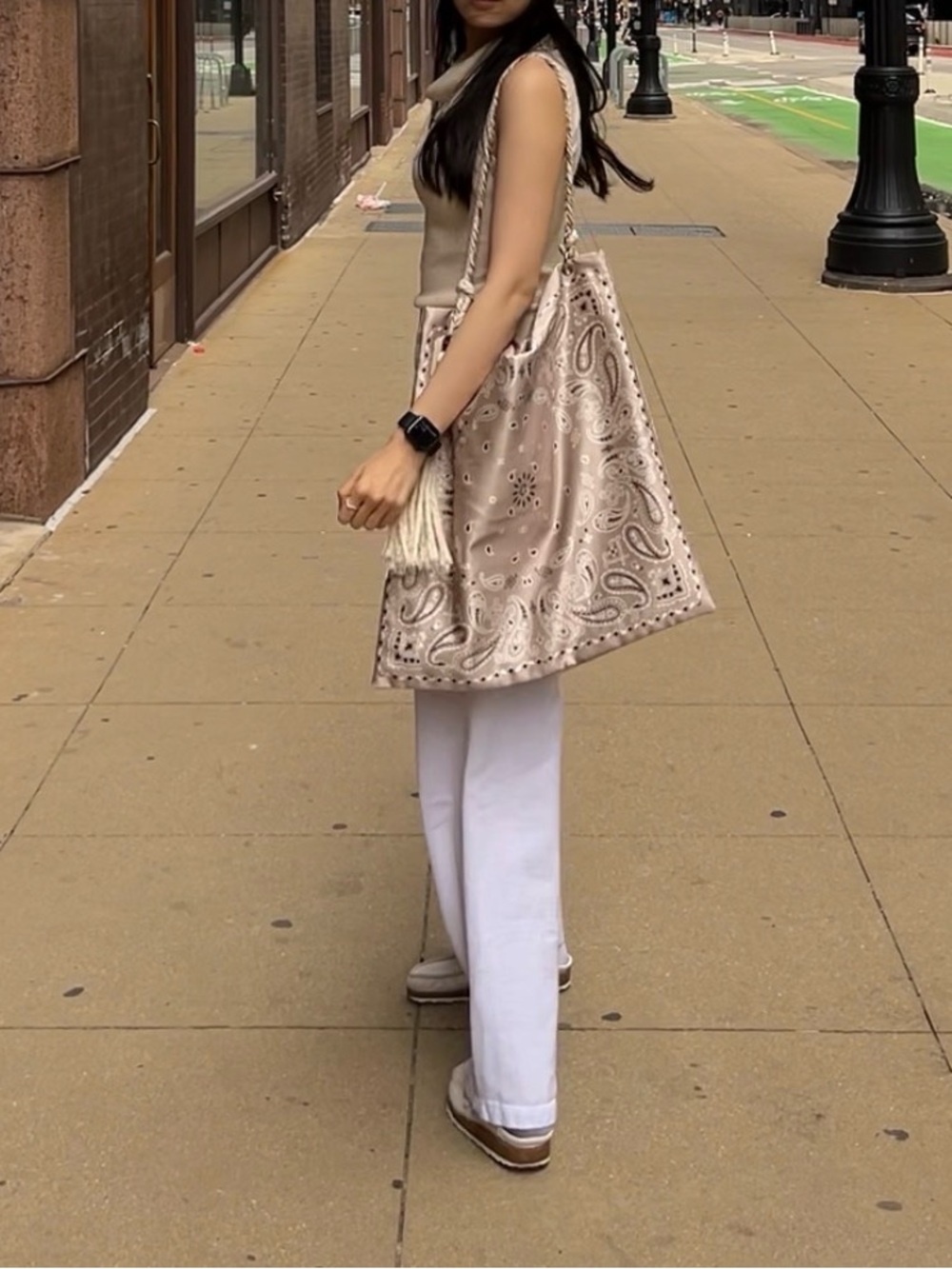 Beige Paisley Tote Bag with Tassel